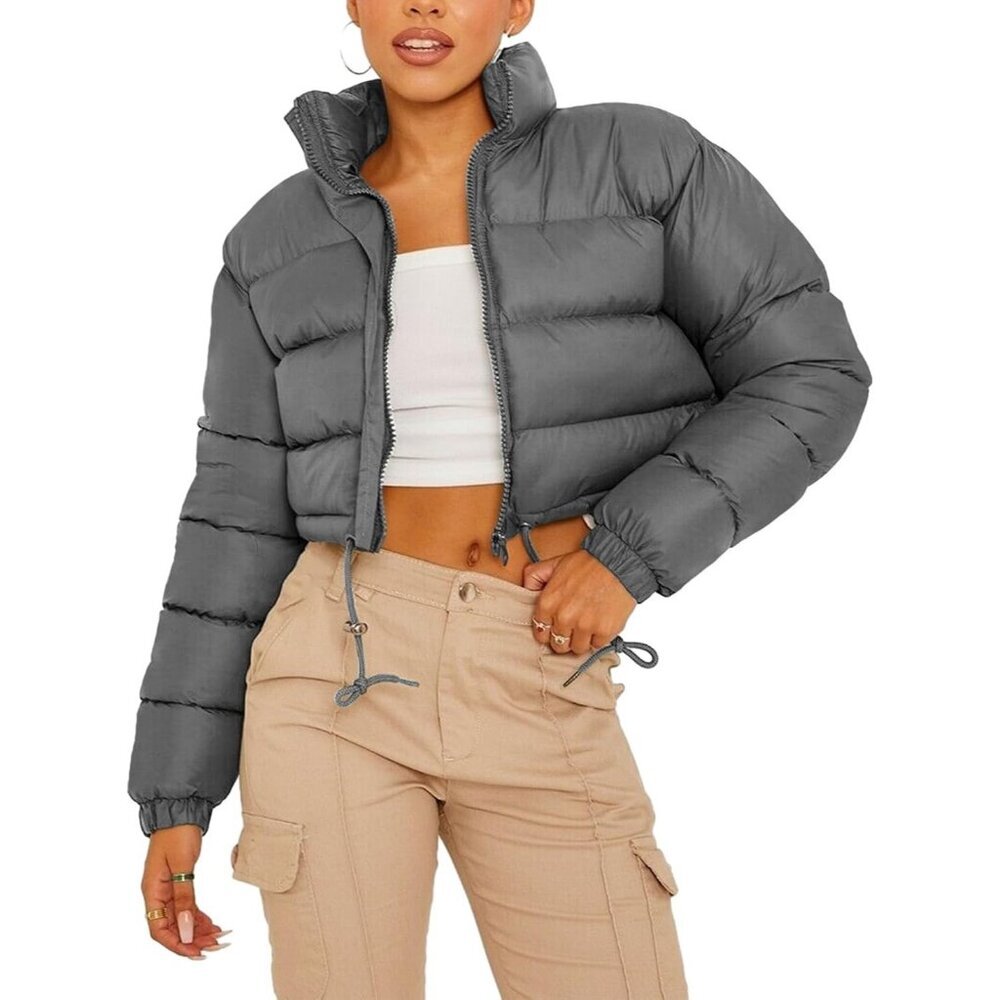 Women's Short Down Gray Puffer Jacket Coat Winter Warm Zip Up Bubble Pocket